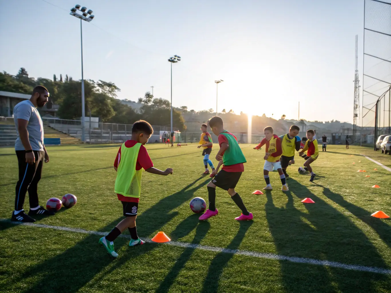 A dynamic image showcasing young athletes participating in a football training session, emphasizing teamwork and skill development under professional guidance.