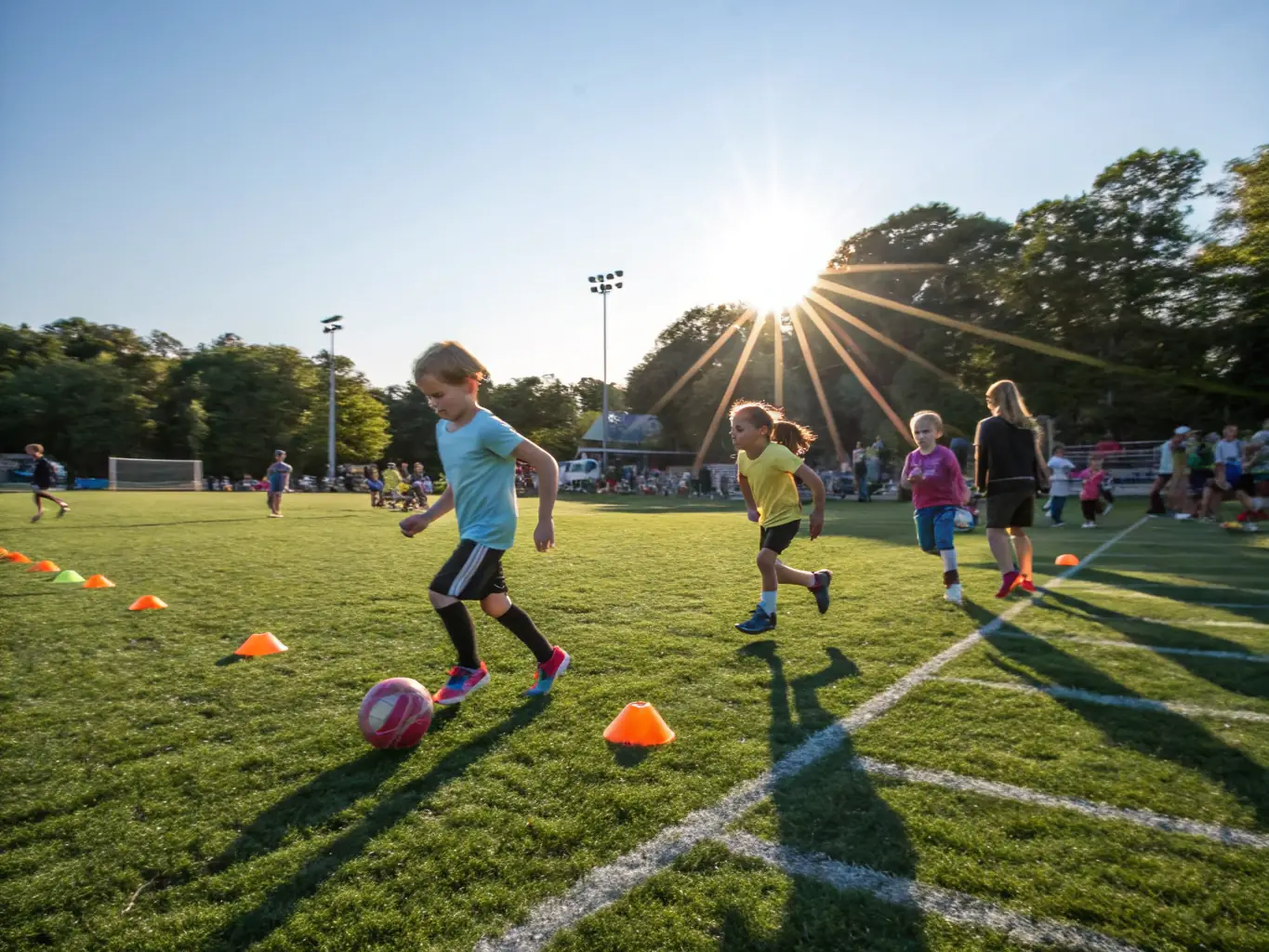 A vibrant image of young children participating in a football training session at FOOTBALL CLUB SAINT ROMINOIS, showcasing their enthusiasm and teamwork.