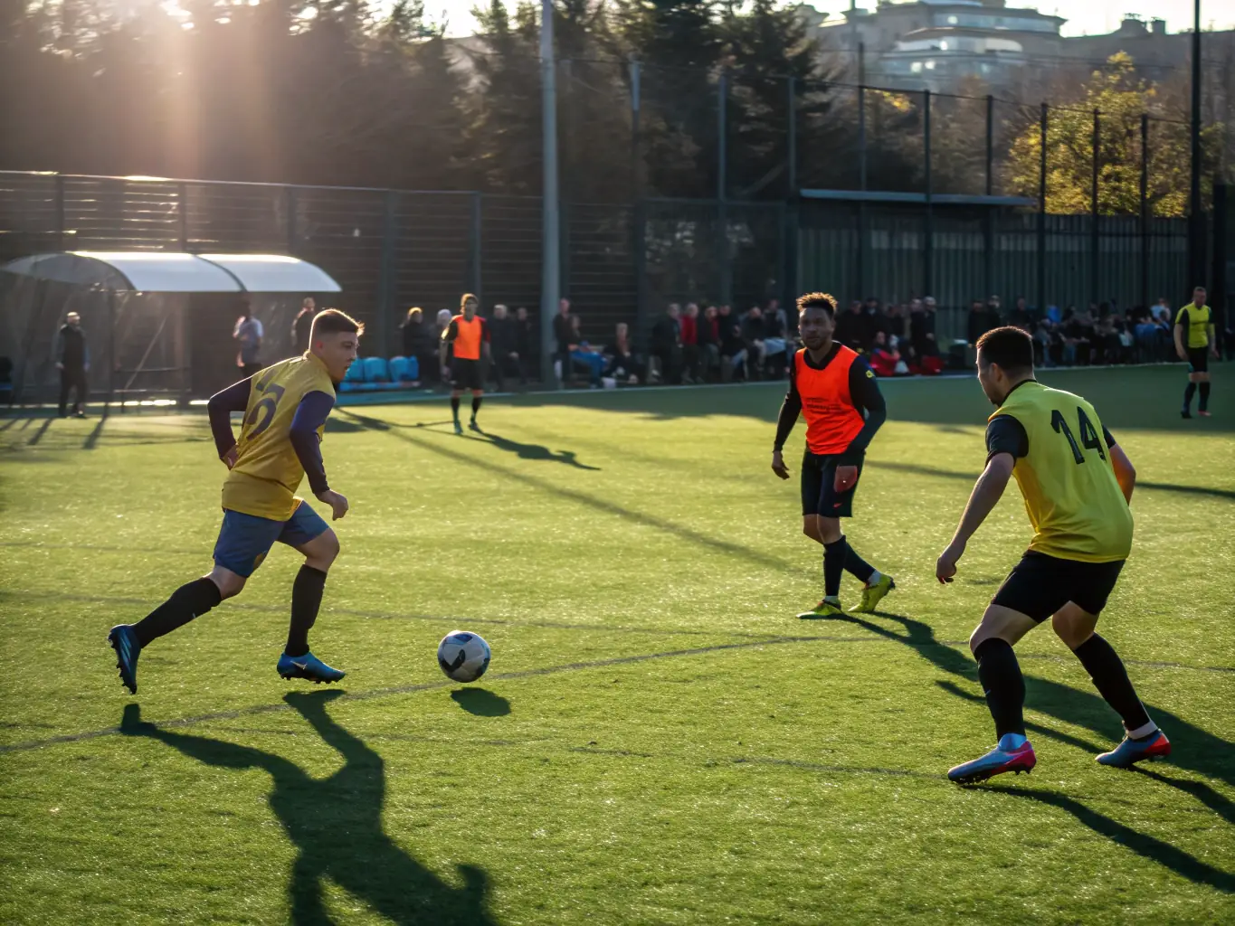 A dynamic image of adult players engaged in a competitive football match at FOOTBALL CLUB SAINT ROMINOIS, highlighting the intensity and camaraderie of the sport.