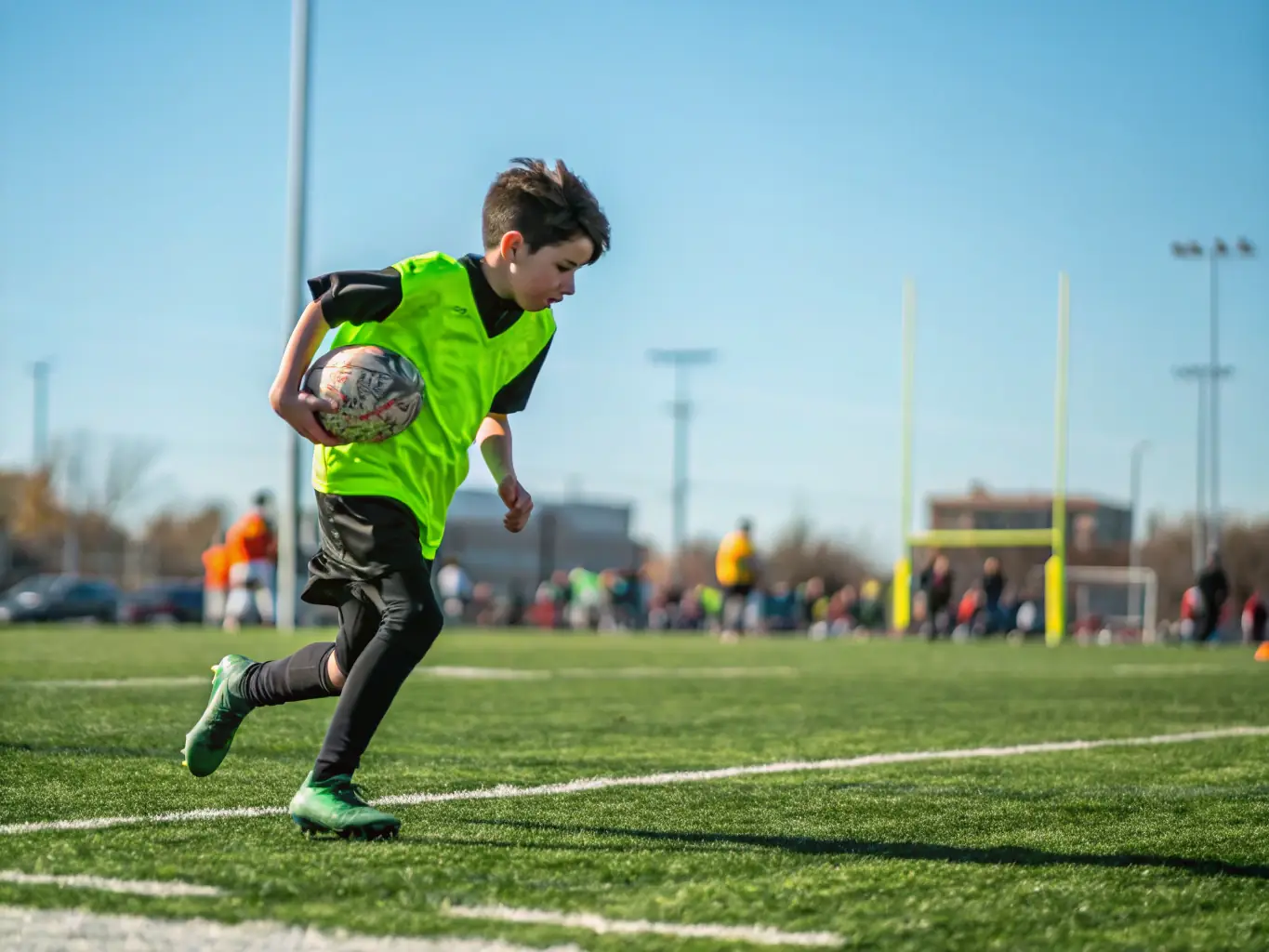 A person running on the football field, showcasing physical fitness and endurance. The image should convey the benefits of regular exercise and a healthy lifestyle.