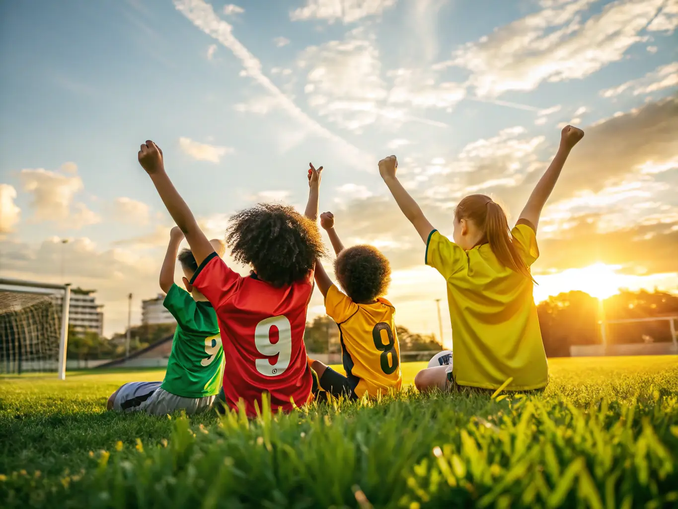 A group of young football players celebrating a goal during a match, showcasing teamwork and camaraderie. The image should convey excitement and the joy of playing together.