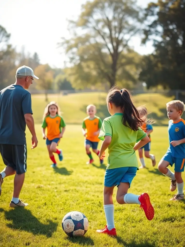 A group of young children in Football Club Saint Rominois uniforms are practicing drills on a sunny field, focusing on passing and ball control, with coaches providing guidance.